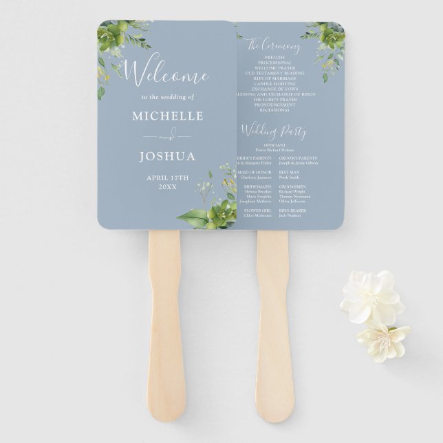 Greenery Floral Elegant Dusty Blue Wedding Program Hand Fan (Front and Back)