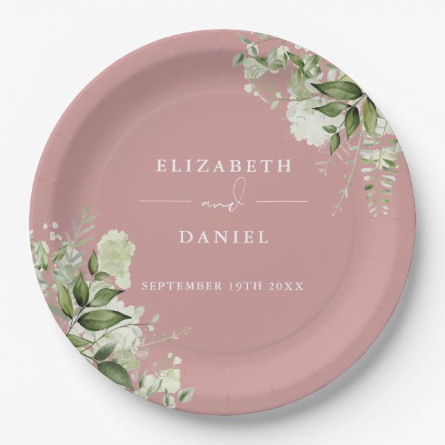 Greenery Floral Elegant Dusty Rose Wedding Paper Plate (Front)