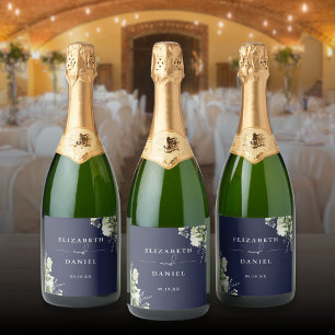 Greenery Floral Elegant Navy Blue Wedding Sparkling Wine Label