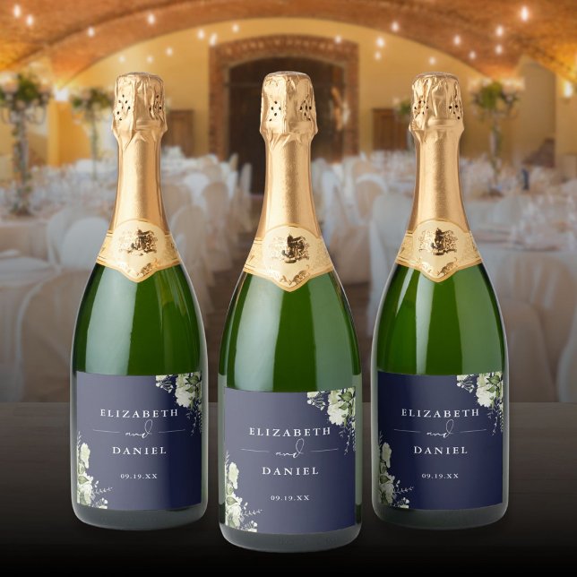 Greenery Floral Elegant Navy Blue Wedding Sparkling Wine Label (Greenery Floral Elegant Navy Blue Wedding Sparkling Wine Label)