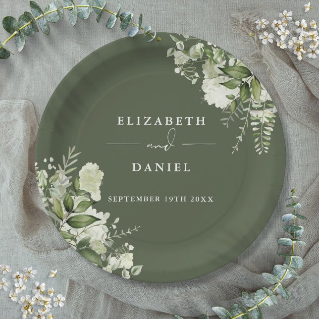 Greenery Floral Elegant Olive Green Wedding Paper Plate (Greenery Floral Elegant Olive Green Wedding Paper Plates)