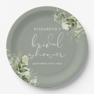 Greenery Floral Elegant Sage Green Bridal Shower Paper Plate