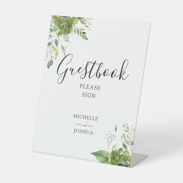 Greenery Floral Elegant Script Guestbook Pedestal Sign (Front)