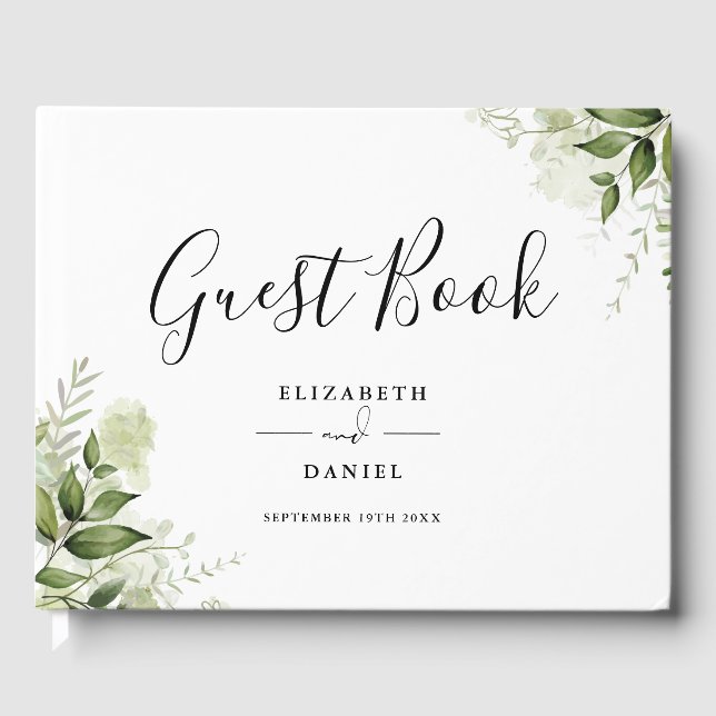 Greenery Floral Elegant Script Photo Wedding Guest Book (Front)
