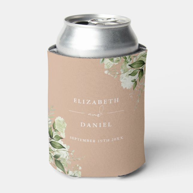 Greenery Floral Elegant Tan Wedding Can Cooler (Can Front)