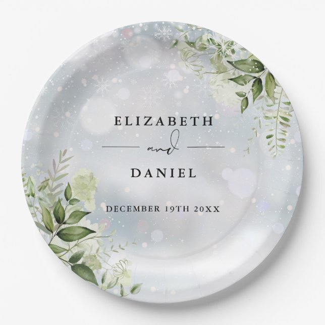 Greenery Floral Elegant Winter Wedding Paper Plate (Front)