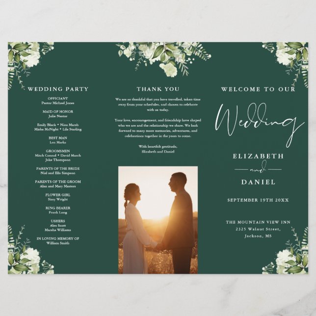 Greenery Floral Emerald Trifold Wedding Program (Front)