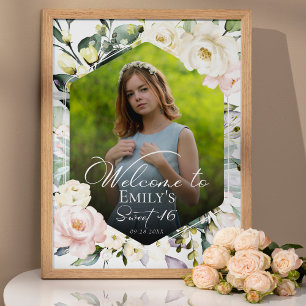 Greenery Floral Frame Photo Sweet 16 Welcome Sign