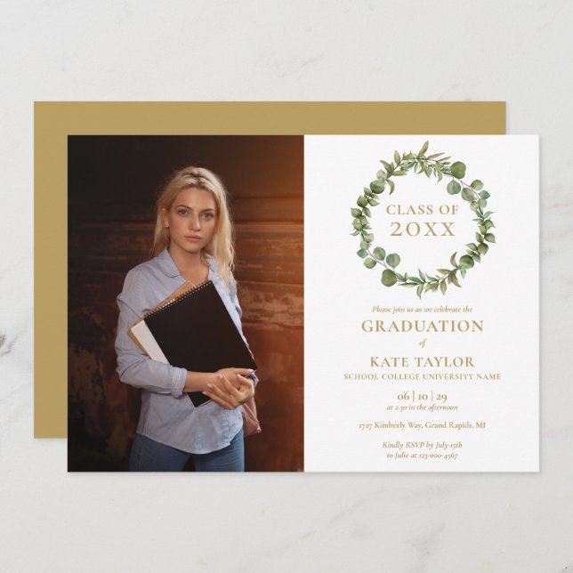 Greenery Floral Garland Photo Graduation Party Inv Invitation (Front/Back)