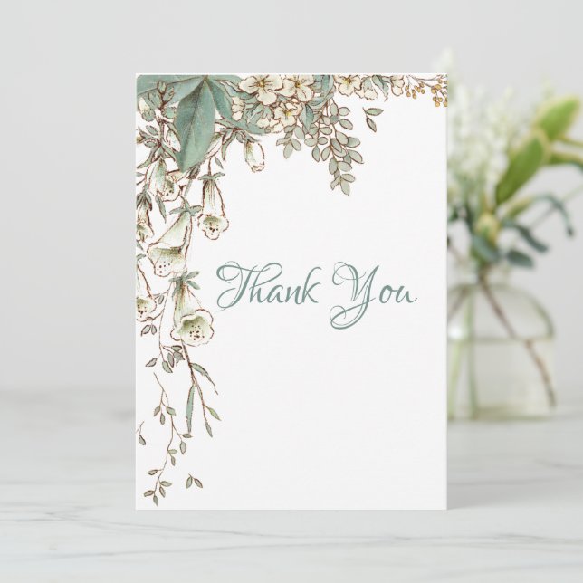 Greenery Floral Garland Script Elegant Wedding Thank You Card (Standing Front)