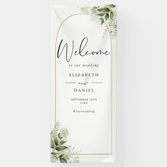 Greenery Floral Gold Arch Wedding Welcome Banner (Vertical)