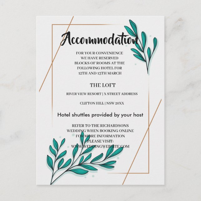 Greenery Floral Gold Foil LeavesAccommodation card (Front)