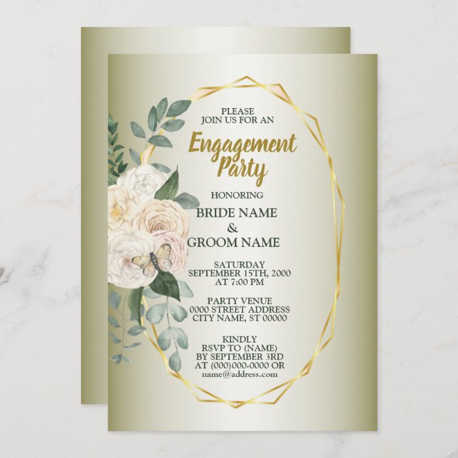 Greenery Floral Gold Geometric Engagement Party Invitation (Front/Back)