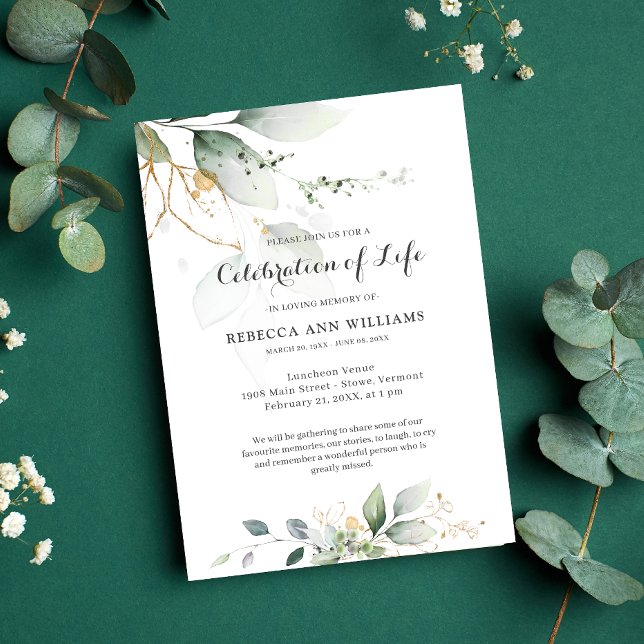 Greenery Floral Gold Nature Celebration of Life Invitation (Creator Uploaded)