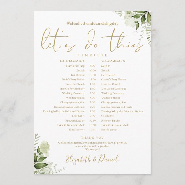 Greenery Floral Gold Wedding Schedule Timeline Program (Front)