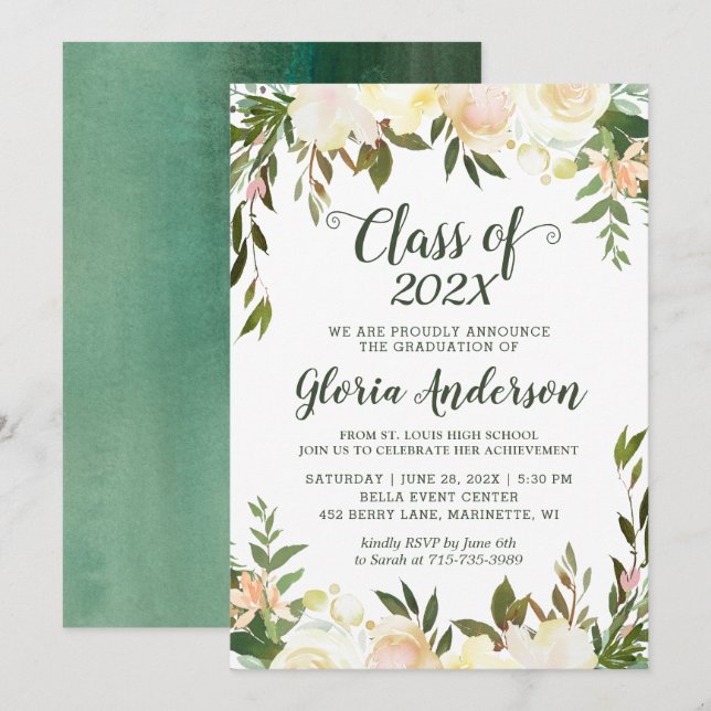 Greenery Floral Graduation Party Invitation (Front/Back)