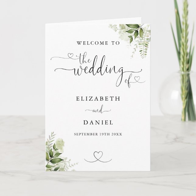 Greenery Floral Heart Script Wedding  Program (Front)