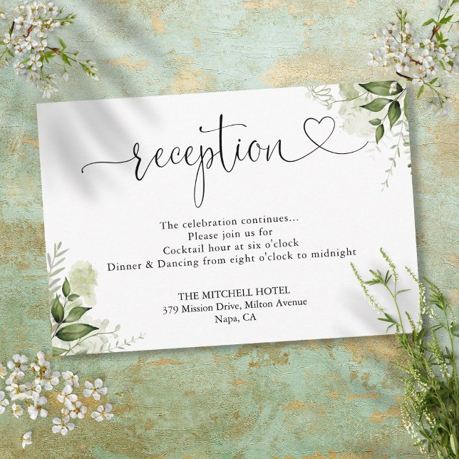 Greenery Floral Heart Script Wedding Reception Enclosure Card (Greenery Floral Heart Script Wedding Reception Enclosure Card)