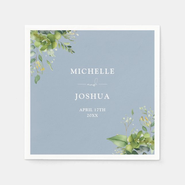 Greenery Floral Modern Dusty Blue Wedding Napkin (Front)