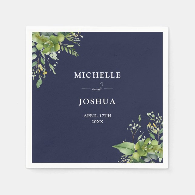 Greenery Floral Modern Navy Blue Wedding Napkin (Front)