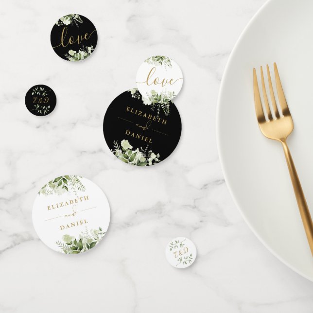 Greenery Floral Monogram Black And Gold Wedding Confetti (Group)