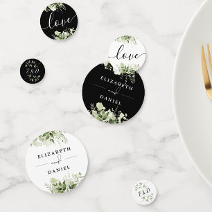 Greenery Floral Monogram Black And White Wedding Confetti
