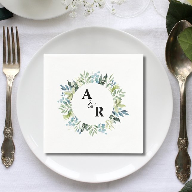 Greenery Floral Monogram Custom Wedding Cocktail Napkin (Greenery floral monogram custom wedding cocktail napkins add fresh elegant charm to receptions.)