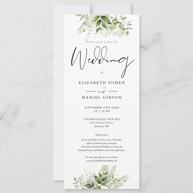 Greenery Floral Monogram Details Wedding Invitation (Front)