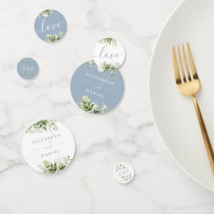 Greenery Floral Monogram Dusty Blue Wedding Confetti