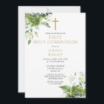 Greenery Floral Monogram First Holy Communion Save The Date<br><div class="desc">This elegant eucalyptus greenery botanical first holy communion save the date invitation can be personalized with your information in chic typography with monogram initials on the reverse. Designed by Thisisnotme©</div>