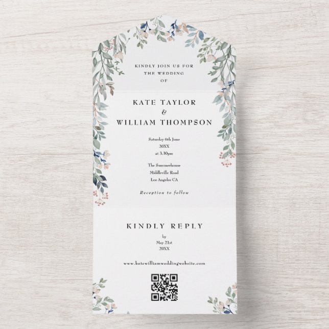Greenery Floral Monogram QR Code Wedding All In One Invitation (Inside)
