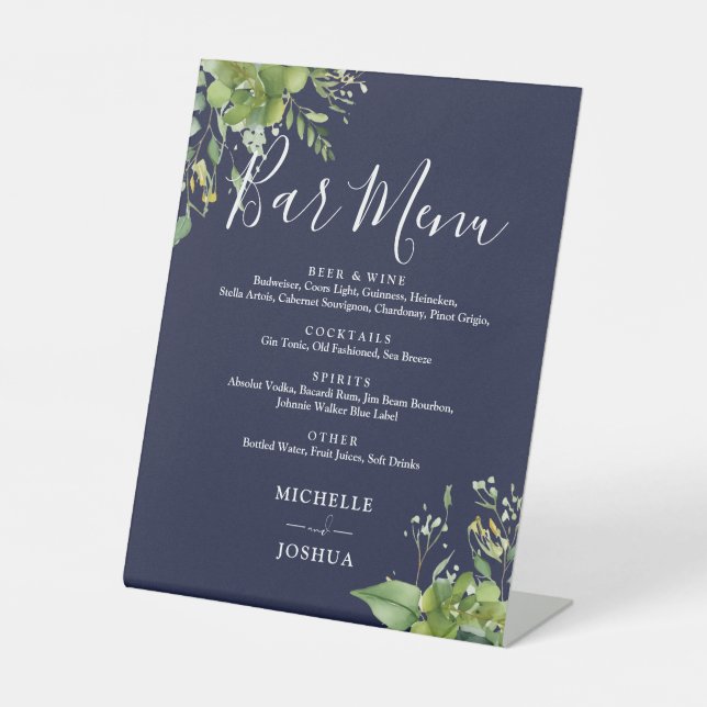 Greenery Floral Navy Blue Wedding Bar Menu Pedestal Sign (Front)