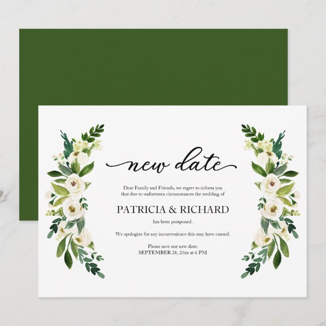 Greenery Floral New Date Wedding Postponement Invitation (Front/Back)