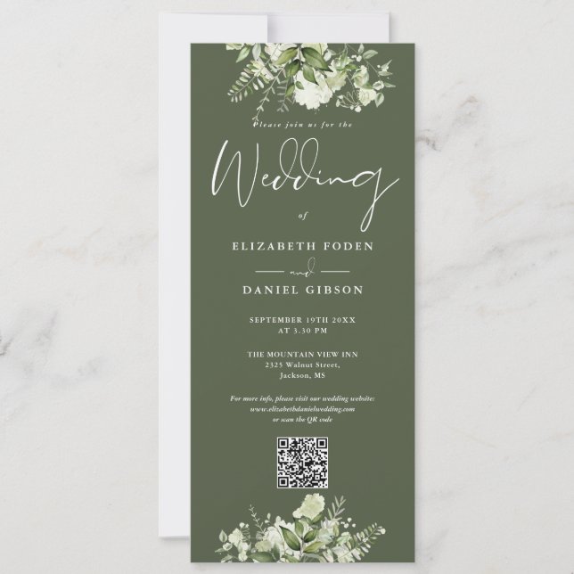 Greenery Floral Olive Green QR Code Wedding Invitation (Front)