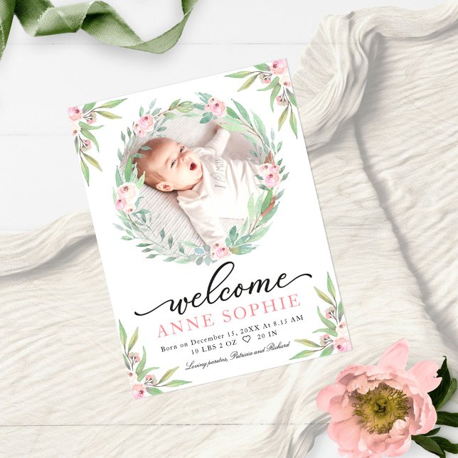 Greenery Floral Photo Birth Announcement Cards (Creator Uploaded)