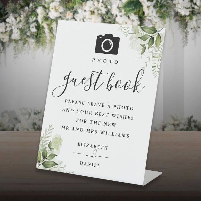 Greenery Floral Photo Guest Book Wedding Pedestal Sign (Greenery Floral Photo Guest Book Wedding Pedestal Sign)