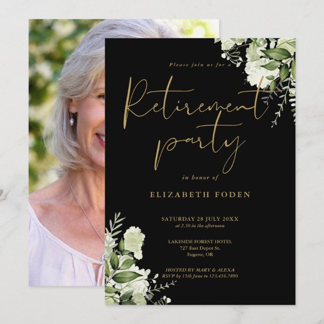 Greenery Floral Photo Script Retirement Party Invitation (Front/Back)