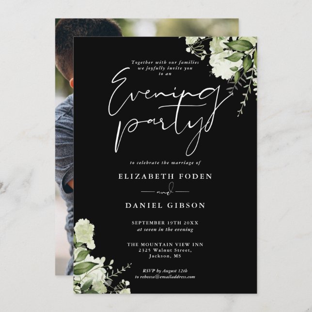 Greenery Floral Photo Wedding Evening Party Invitation (Front/Back)