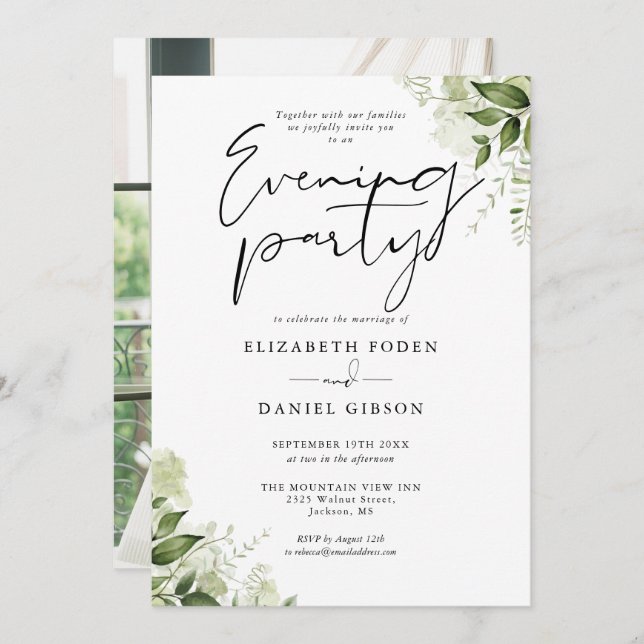 Greenery Floral Photo Wedding Evening Party Invitation (Front/Back)