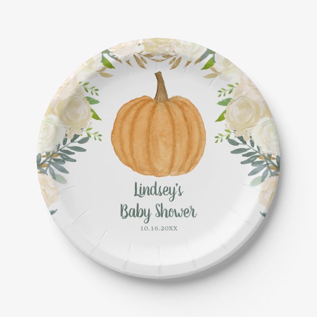Greenery Floral Pumpkin Fall Baby Shower Paper Plate (Front)
