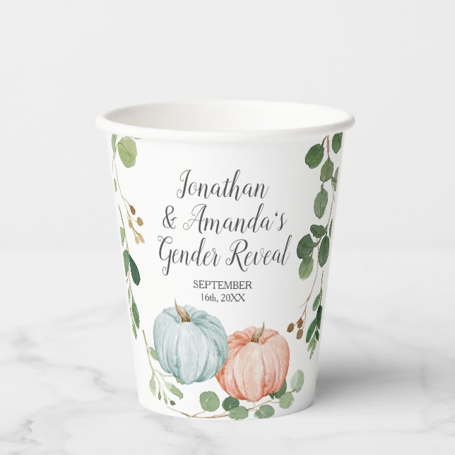 Greenery Floral Pumpkin Gender Reveal White Paper Cups (Front)