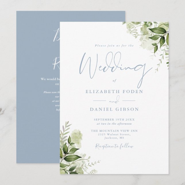 Greenery Floral QR Code Dusty Blue Wedding Invitation (Front/Back)
