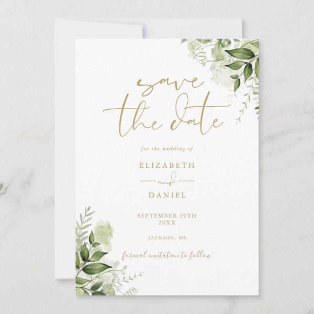 Greenery Floral QR Code Gold Wedding Save The Date (Front)