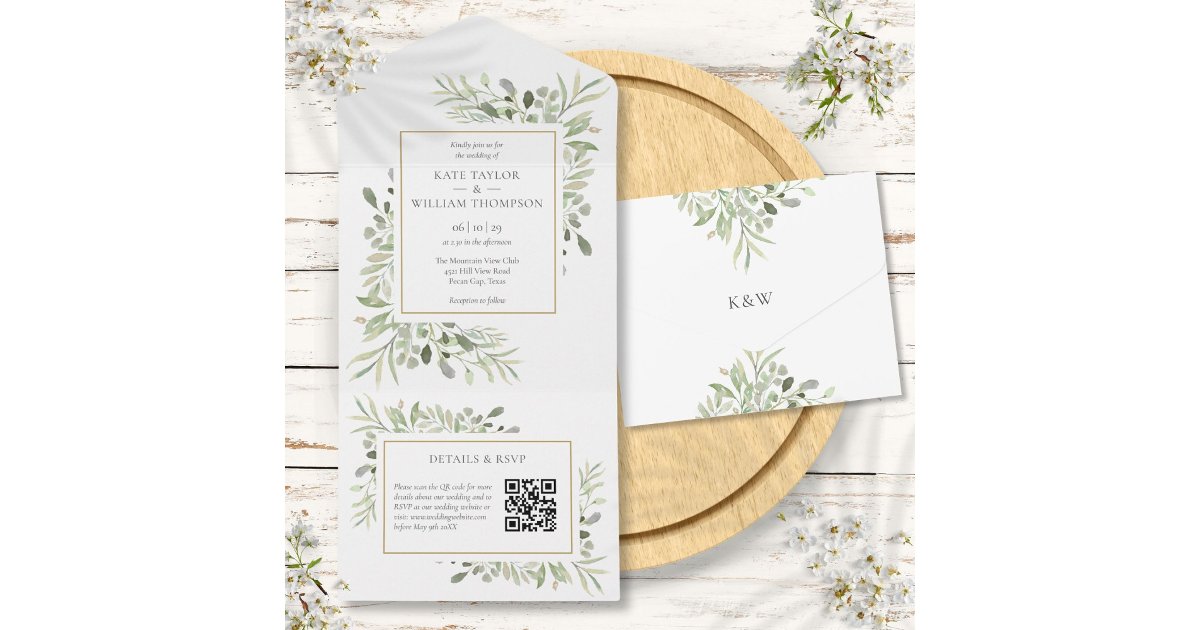 Greenery Floral QR Code Monogram Wedding All In One Invitation | Zazzle