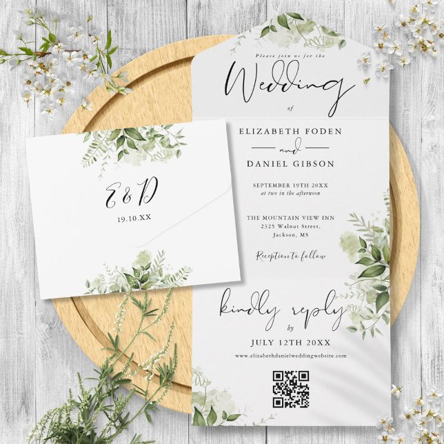 Greenery Floral QR Code Monogram Wedding All In One Invitation (Greenery Floral QR Code Monogram Wedding All In One Invitation)