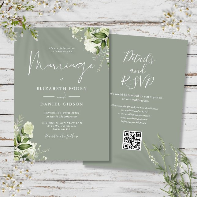 Greenery Floral QR Code Sage Green Wedding Invitation (Greenery Floral QR Code Sage Green Wedding Invitation)