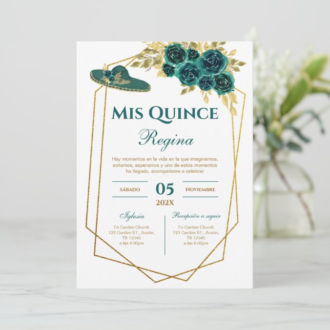 Greenery Floral Quinceañera Spanish  Invitation (Standing Front)
