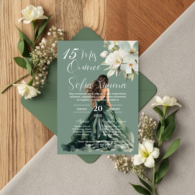 Greenery Floral Quinceañera Spanish Invitation (Créateur téléchargé)