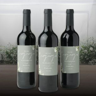 Greenery Floral Sage Green Engagement Party Wine Label