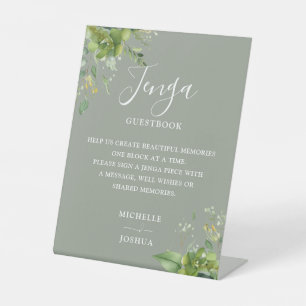 Greenery Floral Sage Green Jenga Wedding Guestbook Pedestal Sign